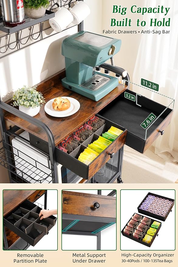 Rolling Coffee Bar Cart for Small Spaces, Coffee Station Cabinet with Storage, Apartment Coffee Nook, Side Syrup Rack, Tea Pod Drawer, Magnetic Doors, Lockable Wheels, Rustic Brown