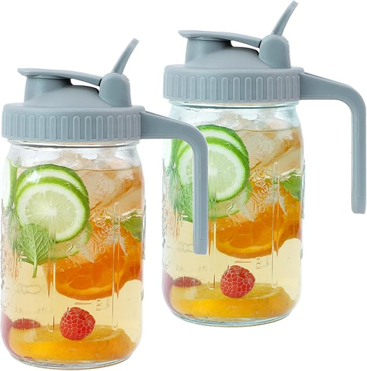 Mason Jar Pitcher Wide Mouth 2 Pack 32 OZ Glass Jars With Pour Spout Lids Airtight Leak-proof 1 Quart Water Pitcher With Handle For Iced Tea, Milk, Sun Tea, Lemonade, Iced Coffee