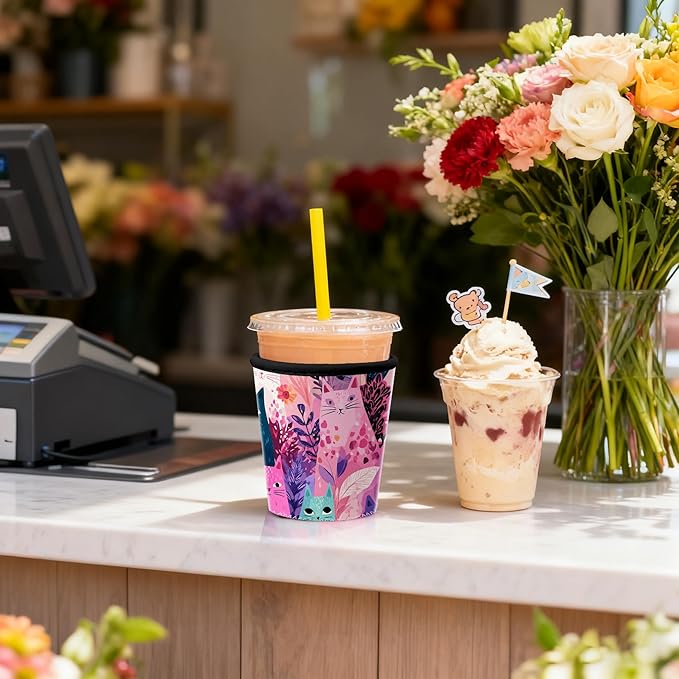 Colorful Cat Floral Iced Coffee Sleeve Set of 3 Fits 16oz 24oz 30oz Cups Cute Cat Lover Insulated Coffee Sleeve for Women & Gifts