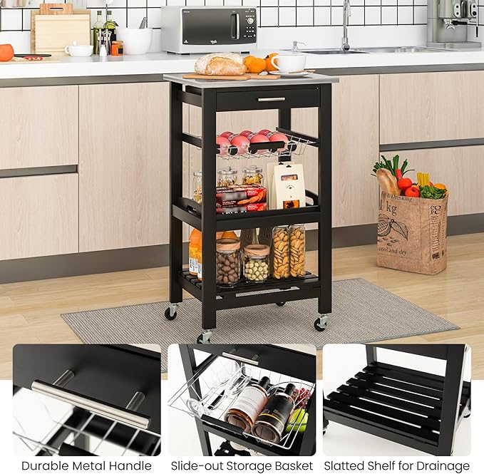 Giantex Kitchen Island Cart, Mobile Kitchen Storage Cart with Stainless Steel Tabletop, Drawer, Basket, Shelf, Serving Tray, Rolling Utility Trolley Cart on Wheels for Coffee Bar Dining Room, Black