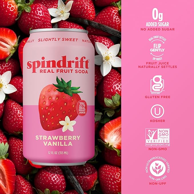 Spindrift Soda "Strawberry Shortcake" Strawberry Vanilla Soda with Real Squeezed Fruit 12 Pack Case