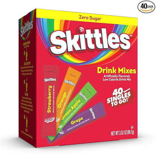Skittles Singles To Go Variety Pack, Watertok Powdered Drink Mix, Zero Sugar, Low Calorie, Includes 4 Flavors: Green Apple, Strawberry, Grape, Orange, 1 Box (40 Single Servings)