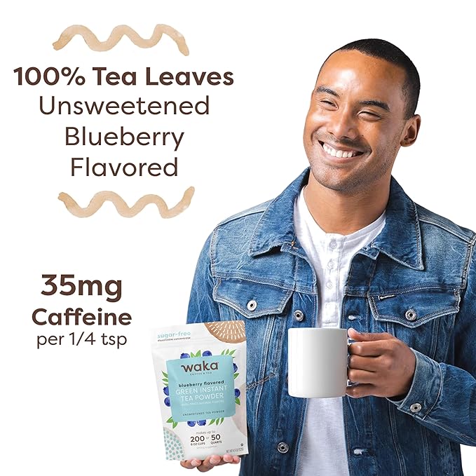 Waka Instant Green Tea Mix, Blueberry Flavored - 100% Tea Leaves and Natural Flavor, No Additives, Unsweetened Tea Powder in Bulk Pouch – Easy Quick Hot and Iced Teas, Up to 200 Cups (4.5oz)