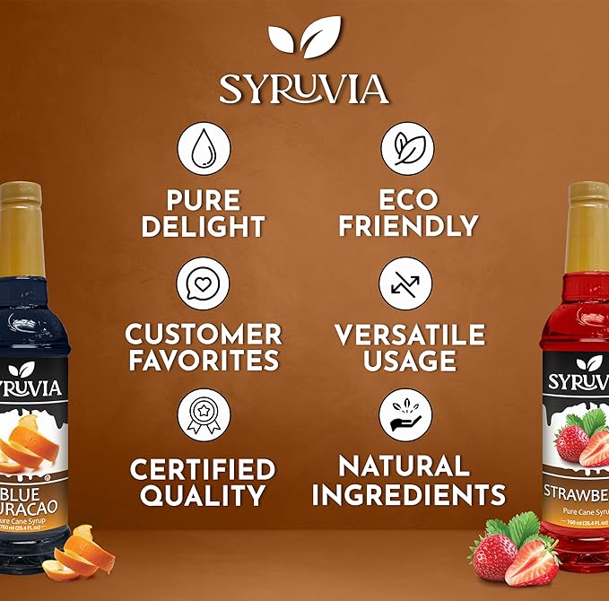Syruvia Blue Curacao & Strawberry Summer magic Variety Pack - 25.4oz Ideal for Cocktails, Desserts, Italian Soda, Ice and More, Kosher and Gluten-Free.