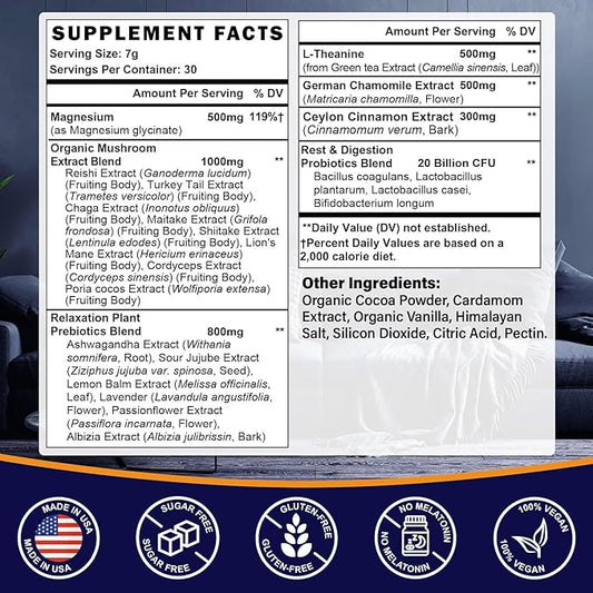 Mushroom Hot Cocoa with Magnesium Glycinate, Reishi, L-Theanine, Ashwagandha, Lemon Balm, Lavender, Cacao Powder Organic Hot Chocolate Supplement for Sleep, Relaxation, No Melatonin, Vegan, 7.4oz
