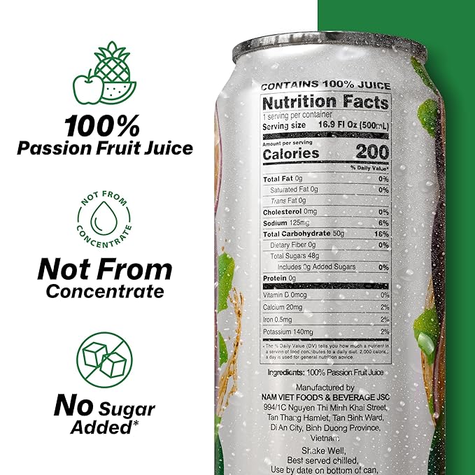 VINUT 100% Passion Fruit Juice, No Added Sugar, Not From Concentrate, 16.9 fl oz (500 mL) Can, Pack of 6