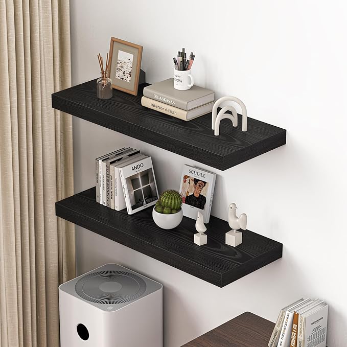 Dreamland 36" Floating Shelves for Wall, 12" Deep Thicker Black Floating Shelves, Wall-Mounted Shelves for Bedroom, Living Room, Kitchen, Bathroom - Set of 2