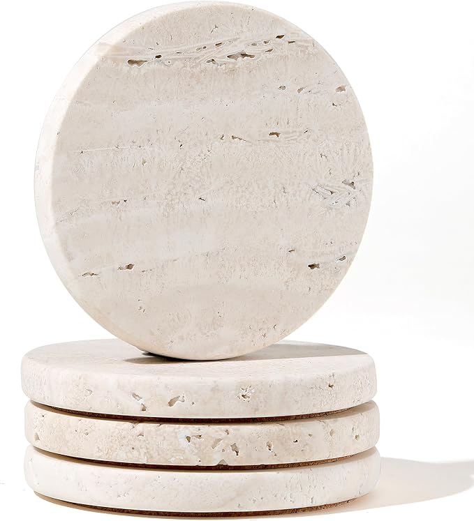 White Travertine Coasters - Set of 4 Round 4” Diameter Drink Marble Coasters for Housewarming Gift, Anniversary, Office - Protect Countertops from Stains - Sturdy and Durable Aesthetics