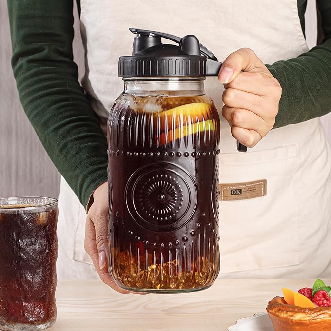 Amzcku Vintage Half Gallon Mason Jar Pitcher Large 64 oz Wide Mouth with Lid - 2 Quart Airtight Glass Jug for Water, Juice, Milk, Tea, Iced Coffee and Drinks