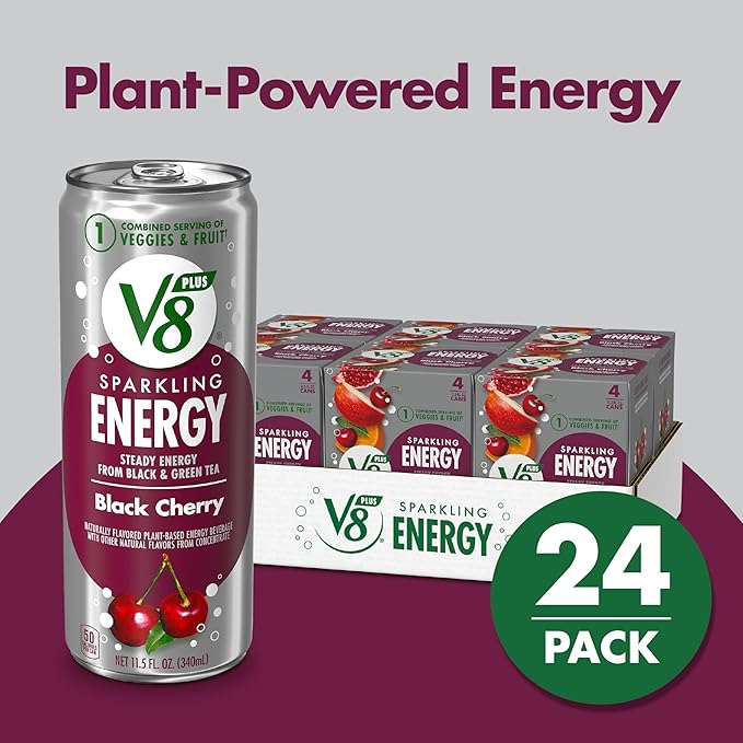 V8 +ENERGY Black Cherry Energy Drink, Made with Real Vegetable and Fruit Juices, 11.5 FL OZ Can 4 Count (Pack of 6)