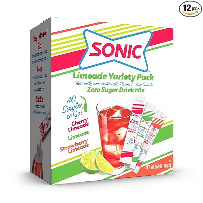 Sonic Singles To Go Limeade Variety Pack, Watertok Powdered Drink Mix, Includes 3 Flavors, Limeade, Cherry and Strawberry 1 Box (40 Servings)
