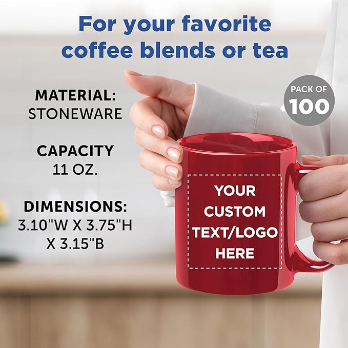 Custom Ceramic Coffee Mugs 11 oz. Set of 100, Personalized Bulk Pack - Coffee cup set, Iced coffee cup, Gaming mug - Red