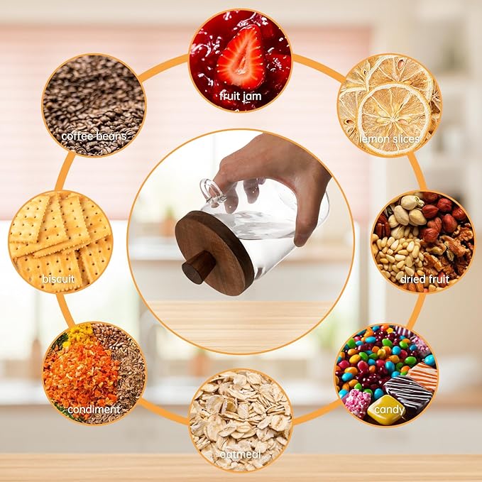 Glass Coffee Bean Storage Container, Wood Lid with Spoon, Airtight Silicone Seal, BPA-Free (550ML/18.6OZ)