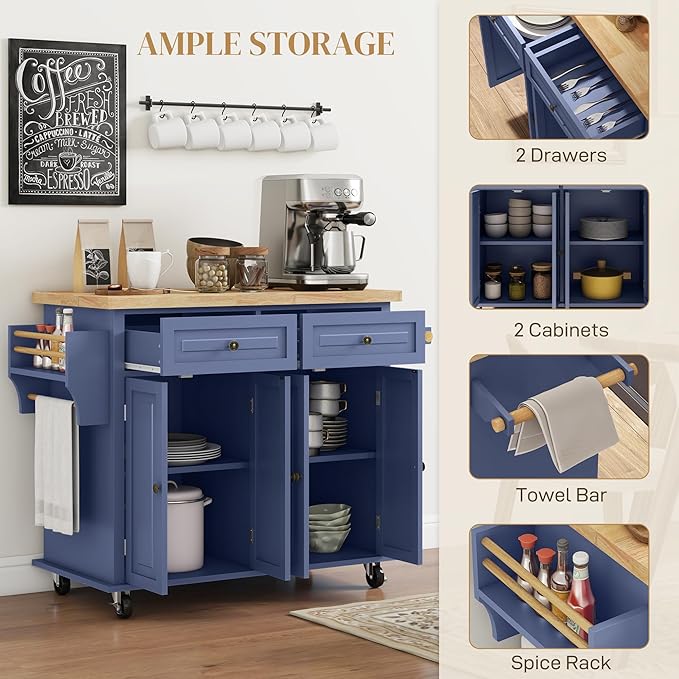 HOMCOM Kitchen Island Cart with Rubber Wood Top, Rolling Kitchen Island Table on Wheels with Drawers, Adjustable Shelves, Spice Rack and Towel Rack for Dining Room, Navy Blue