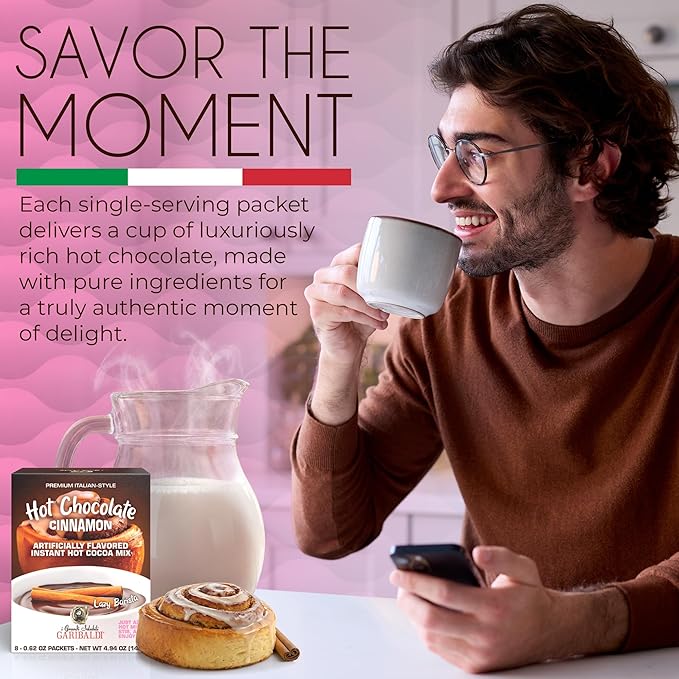 Cafe Garibaldi Premium Cinnamon Hot Chocolate - Instant Cocoa Mix with Cocoa Powder, Gluten-Free & GMO-Free, 8 Servings x 0.62oz Packets, Ideal Italian Hot Chocolate Gift
