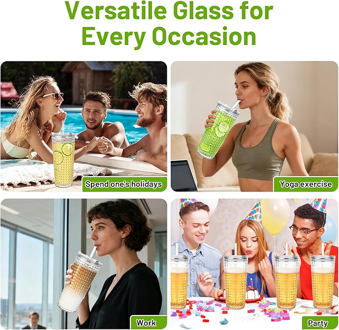 20oz Glass Cups with Lids and Straws,4 Pack Reusable Glass Tumbler for Cold & Hot Drinks Wide Mouth Travel Mug for Smoothies Cocktails Beer Tea Juice and Iced matcha Coffee Cups with Lids