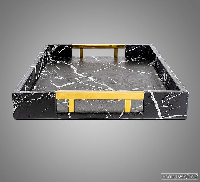 Modern Elegant 17.5"x12" Rectangle Black Marble Faux Leather Decorative Tray Ottoman Coffee Table Perfume Living Room Kitchen Serving Tray with Gold Polished Handles for All Occasion's