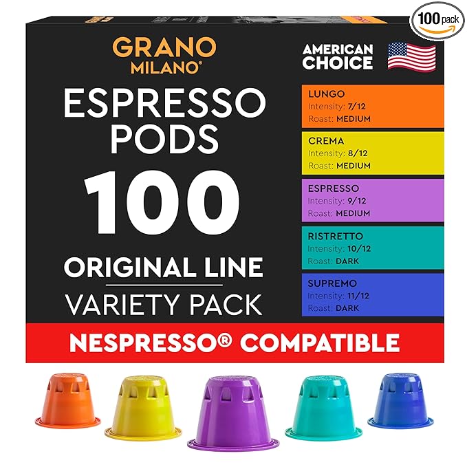 Grano Milano Lungo - 100 Espresso Pods Compatible with Nespresso Original line, 100% Arabica Medium Roast - Intensity 7/12, Coffee Capsules Made in Italy Espresso Coffee