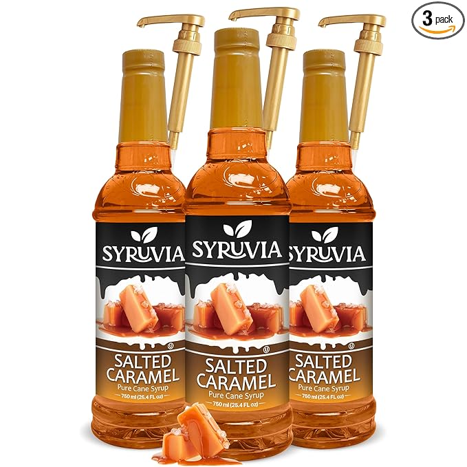 Syruvia Salted Caramel Syrup - 25.4 fl oz. Premium Coffee Flavoring Syrup. Kosher, and Gluten-Free. Perfect for Enhancing Drinks, Sodas, Shakes, Desserts, and More With Pump (Pack of 3)