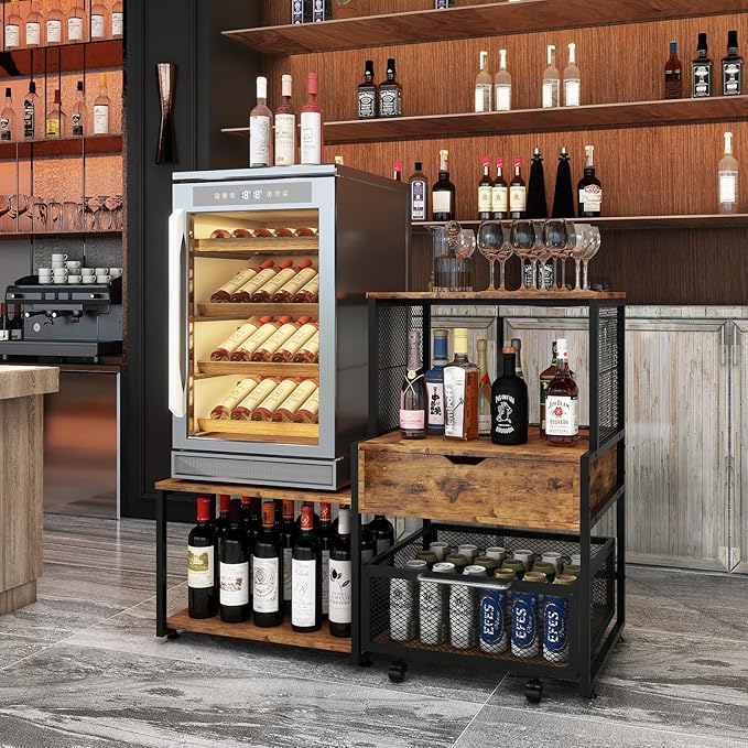 PUNCIA Mini Fridge Stand with Storage, Coffee Bar Cabinet with Power Outlet and Drawer — Beverage Refrigerator Table, Microwave Oven Stand with Rolling Basket for Home, Dorm, Apartment, Pantry