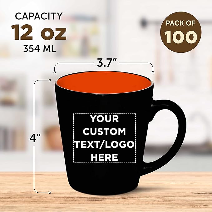 Custom Ceramic Coffee Latte Mugs 12 oz. Set of 100, Personalized Bulk Pack - Perfect for Coffee, Tea, Espresso, Hot Cocoa, Other Beverages - Orange