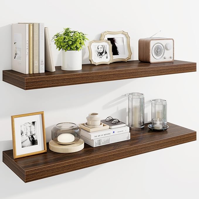 Marsmiles 36" Floating Shelves for Wall, Wooden Shelves with Invisible Brackets Set of 2, Rustic Farmhouse Wall Mounted Shelf for Kitchen Bathroom Living Room Study, Walnut