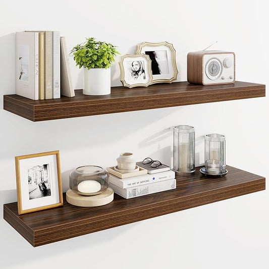 Marsmiles 36" Floating Shelves for Wall, Wooden Shelves with Invisible Brackets Set of 2, Rustic Farmhouse Wall Mounted Shelf for Kitchen Bathroom Living Room Study, Walnut