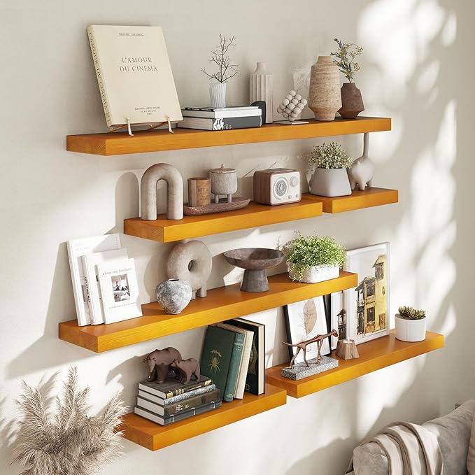 Marsmiles 36 Inch Wood Floating Shelves | Rustic Honey Oak Wall Shelves Set of 2 | 36" W x 7.7" D x 1.6" H Wooden Shelves for Bathroom Kitchen Living Room