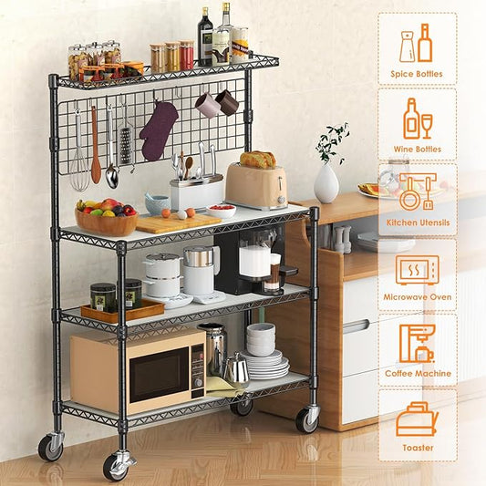 Leteuke Bakers Rack with Storage & Wheels, 42 Inch Microwave Stand Kitchen Shelves, 4-Tier Heavy Duty Storage Rack with 20 S-Hooks, Commercial Metal Utility Kitchen Cart, 42× 18× 63 Inch, Black