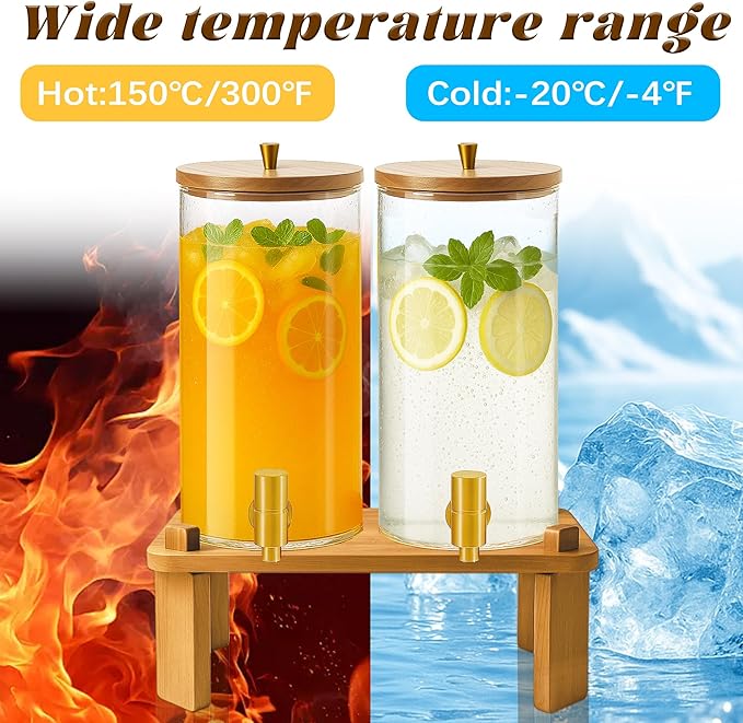 VERSSURE 2PCS Drink Dispenser, 1.5 Gallon Each Glass Beverage Dispenser with Wood Stand and Stainless Steel Faucet Ideal for Juice, Lemonade, and Tea,Large Drink Dispenser for Parties and Home Use