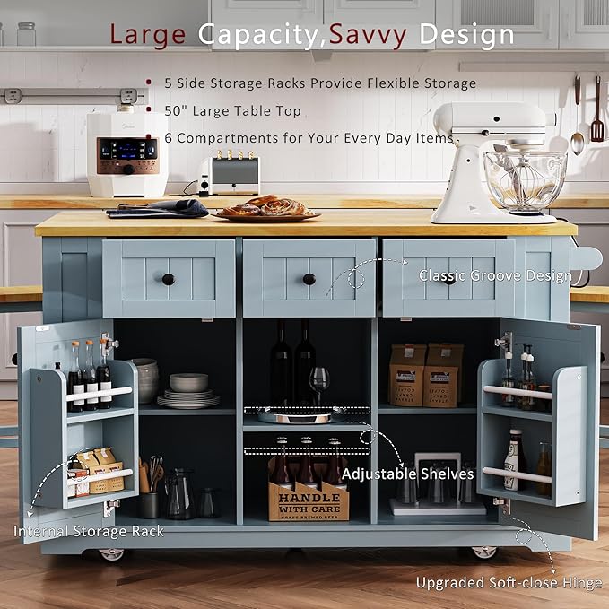 Rolling Kitchen Island with Drop Leaf & Power Outlet, Large Kitchen Islands Cart on Wheels, Movable Kitchen Island with 5 Open Storage Shelves & Towel Rack for Kitchen, Dining Room, 53-Inch, Grey Blue