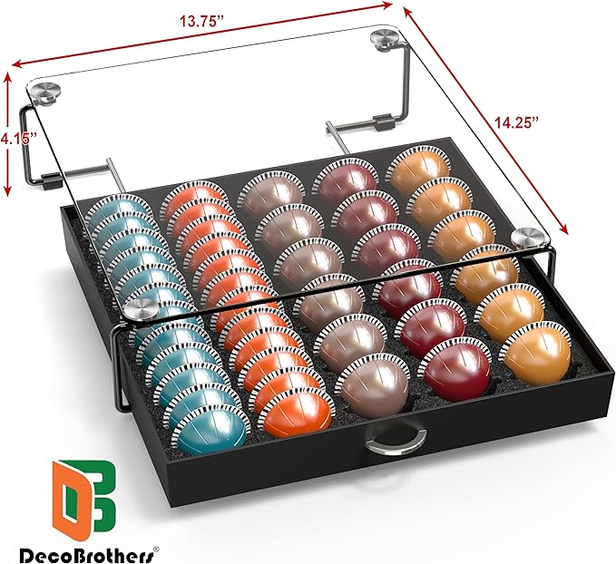 DecoBrothers Crystal Tempered Glass Vertuo Pod Holder Drawer, 30 Large or 60 Small Nespresso Capsule Organizer, Black