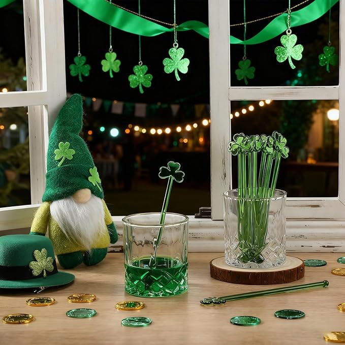 12 Pcs St. Patrick's Day Glass Drink Stirrers 7 Inch Swizzle Sticks for Cocktails Coffee Reusable Green Shamrock Beverage Stir Sticks for Irish Festival Party Coffee Bar Kitchen Bar