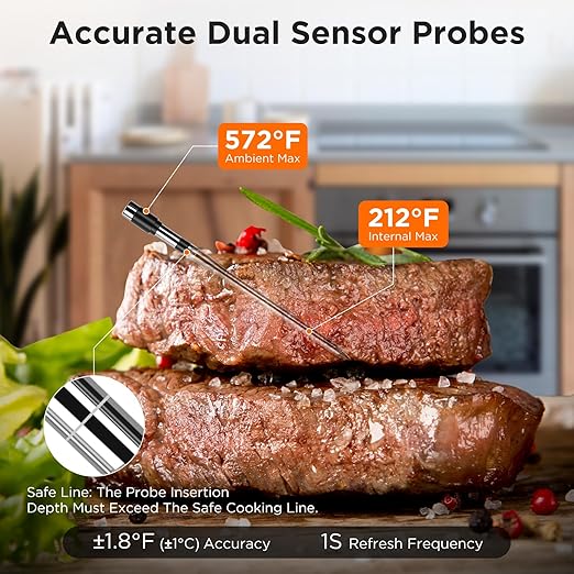 Newise Bluetooth Meat Thermometer with Smart APP, 800FT Wireless Range & LCD Base, Rechargeable Probe, Digital Food Thermometer for BBQ, Grill, Chefs, Air Fryer, Gifts for Men Dad