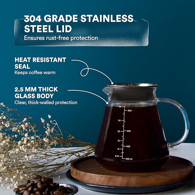 Glass Range Coffee Server For Pour Over Coffee & Tea - 800ml/27oz Ovalware with Airtight Cold Brew Iced Coffee Maker Pitcher and Tea Infuser