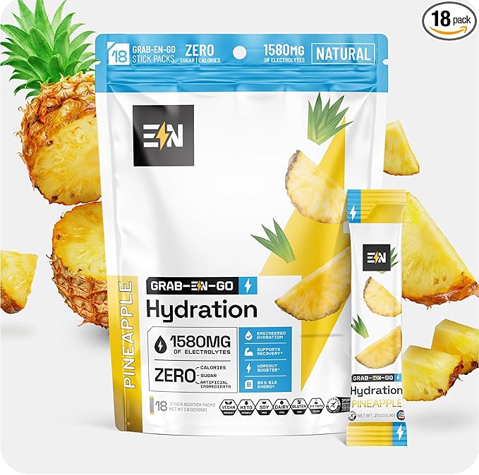 Engineered Nutrition Sugar-Free Electrolyte Powder Packets - Pineapple Flavor - Keto Hydration Packets w/Magnesium, Potassium & Sodium - Zero Calorie, Vegan, Non-GMO, Gluten-Free - 18 Single Servings