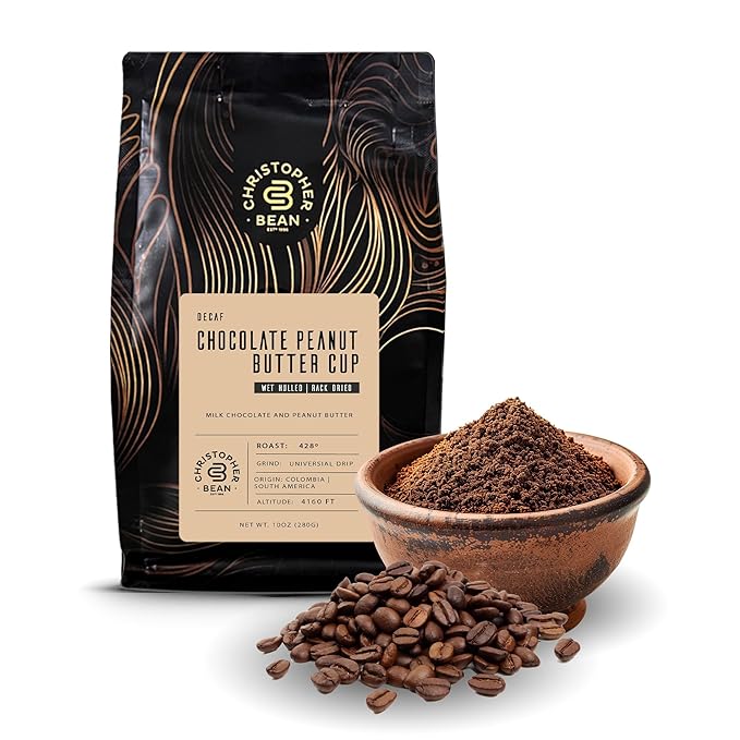 Christopher Bean Coffee - Certified Kosher - Decaf Ground Universal Drip Chocolate Peanut Butter Cup Flavored Coffee| Coffee Beans with Medium Roast 100% Arabica, No Sugar, No Fats, Non-Gmo | 10-Ounce Bag