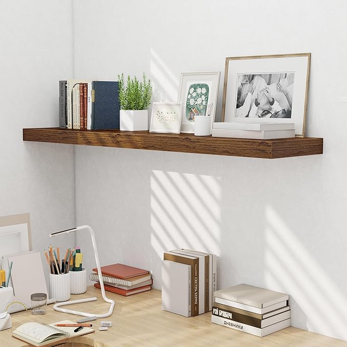 Fun Memories 55 Inch Fireplace Mentel Shelf, 10 Inch Deep Shelves for Display & Wall Storage, Rustic Wood Wall Shelf, Extra Long Floating Shelves for Living Room Laundry Room, Rustic Brown, Set of 1