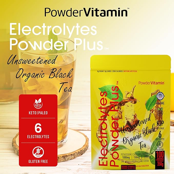 PowderVitamin Electrolytes Powder Plus (100 Servings) Unsweetened Black Tea Electrolyte Powder Keto,SugarFree,Pink Himalayan Salt,1000mgPotassium,150mgCalcium,150mgMagnesium,Hydration Powder NO STEVIA
