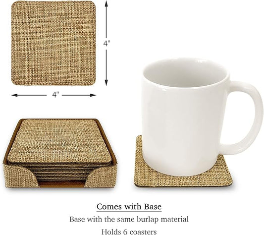 Smile Art Design Burlap Coaster Set of 6 with Base Blank Square Burlap Textile Material Personalized Gifts Natural Decor House Warming Farmhouse Living Room Kitchen Wedding Rustic Home Decor