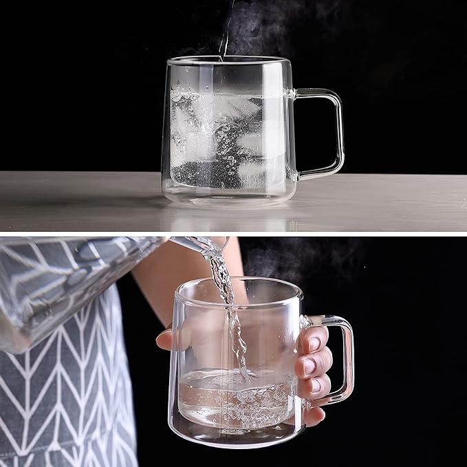 CNGLASS 10oz Glass Coffee Mugs,Double Wall Insulated Glass Mugs with Handle,Clear Espresso Mug for Latte,Cappuccino,Tea Bag,Set of 4