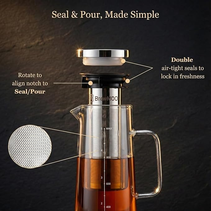 BrewMOO- Airtight Cold Brew Coffee Maker Pitcher, 1.0L/34Oz Thick Glass Carafe with Filter, Comfort Sturdy Handle & Wide Spout, Non-Slip Base | Iced Tea Maker (Black)