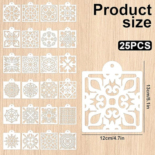 25 Pcs Scroll Tile Cookie Stencils, Royal Icing Cookie Cake Stencils Reusable Pattern, Chinoiserie Tiles Airbrush Painting Stencil, Craft Painting Stencil for Coffee Cake Dessert