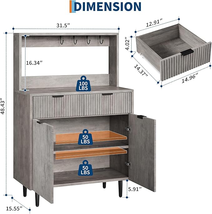 GarveeHome Fluted Sideboard Buffet Cabinet with Storage, Modern Coffee Bar Cabinet with Adjustable Shelves & 2 Drawers, Wood Buffet Console Table for Dining Room Living Room Kitchen Entryway, Grey