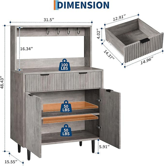 GarveeHome Fluted Sideboard Buffet Cabinet with Storage, Modern Coffee Bar Cabinet with Adjustable Shelves & 2 Drawers, Wood Buffet Console Table for Dining Room Living Room Kitchen Entryway, Grey