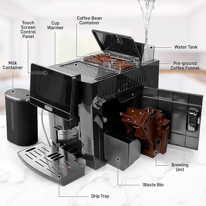 Zulay Kitchen Magia Ultra LUX Super Automatic Espresso Machine, Bean-to-Cup Coffee Maker with Built-In Grinder, Automatic Milk System, 19 One-Touch Specialty Drinks, Touchscreen, Black