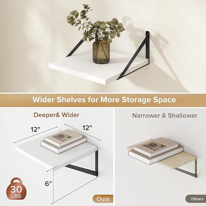 Deep Floating Shelves Wall Mounted, 12"x12" White Wall Shelves with Brackets Set of 2 for Bedroom, Living Room, Bathroom, Kitchen, Office - Storage & Display Shelf for Decor, Books, Plants