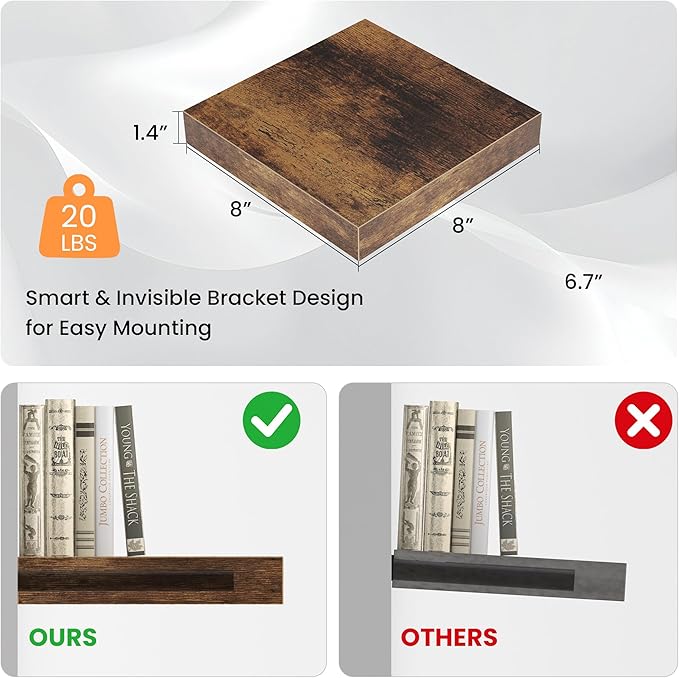 Square Floating Shelves for Wall, 7.5" W x 7.5" D x 1.4" H, Small Wooden Wall Mounted Display Shelf with Invisible Brackets for Living Room, Bathroom, Kitchen Decor, Set of 4, Rustic Brown