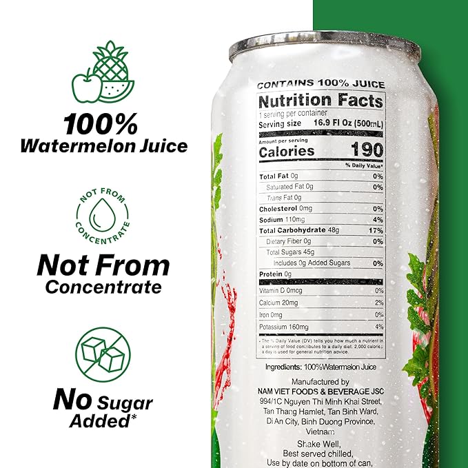 VINUT 100% Watermelon Juice, No Added Sugar, Not From Concentrate, 16.9 fl oz (500 mL) Can, Pack of 12