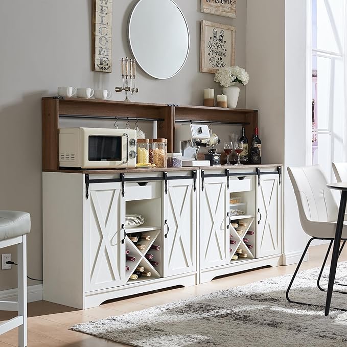 Wnutrees Farmhouse Coffee Bar Cabinet with Charging Station and USB Ports, Sliding Barn Door, 39" Kitchen Hutch Sideboard Buffet Storage Cabinet, Fits Kitchen Dining Living Room, White